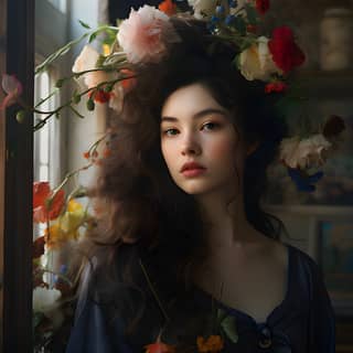 Ha una corona di fiori sulla testa e lunghi capelli con fiori.
