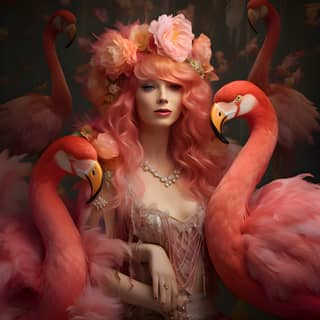 彼女は髪にピンクのフラミンゴをつけ、ピンクのドレスを着ています。