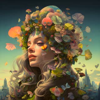 She wears flowers in her hair and a flower crown on her head.