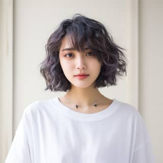 Short wavy hair and a white shirt with a necklace, slightly darker hair color.