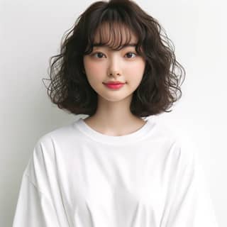 Short wavy hair, white shirt, pink lip, red lipstick.