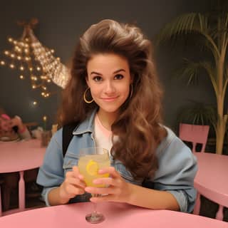 Sitting at a table in a pink room holding a glass of lemonade.