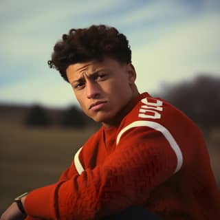 Sitting on a bench in a grassy field wearing a red football jersey.