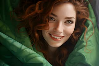 Smiling with curly hair under a blanket.