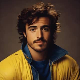 Actor y modelo español conocido por su papel en la película 'El hombre de la chaqueta amarilla' con cabello largo y bigote.