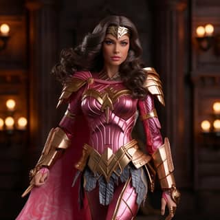 A figura de ação da Mulher Maravilha está vestida de rosa e dourado, com uma espada.