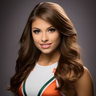 The beautiful cheerleader with long brown hair and a white top is part of the Miami Hurricanes cheerleading team.