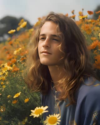 There is someone with long hair standing in a field of flowers.