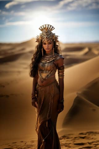 Vestindo uma fantasia egípcia no deserto, lembrando a deusa egípcia.