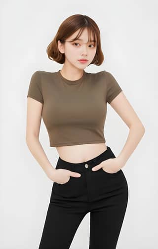 Wearing black pants and a brown crop top, a new trend in women's fashion.