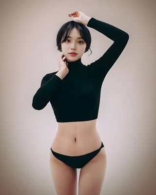 Đang mặc áo đen và bikini, pose để chụp ảnh.