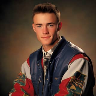 Vistiendo una chaqueta de cuero azul y rojo, corbata, y chaqueta roja y blanca.