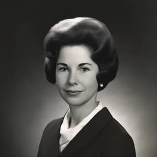 Wearing a business suit with black and white colors and pearl earrings.