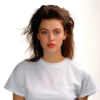 Wearing a white t-shirt with red lipstick.