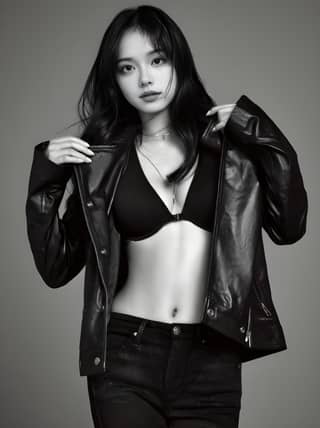 Woman in black leather jacket and jeans is the face of the Korean drama.