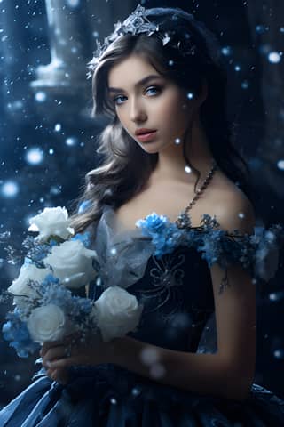 Woman in a blue dress holding a bouquet of white roses.