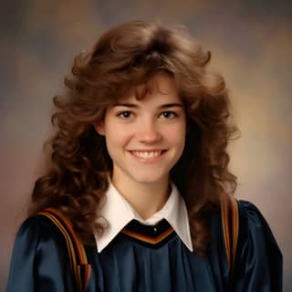 Woman with curly hair wearing a blue graduation gown, resembling a school uniform.