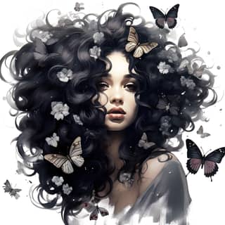 Woman with long curly black hair adorned with butterflies.