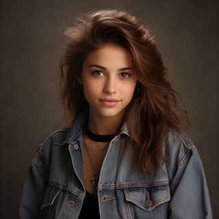 Woman with long hair wearing a denim jacket and choker.