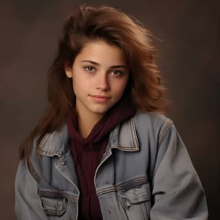 Woman with long hair wearing a denim jacket and a red scarf.