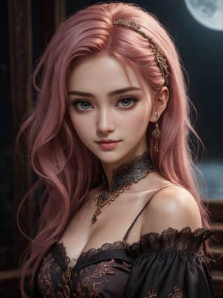 Mujer con el pelo rosado y una luna llena, vistiendo un vestido negro.