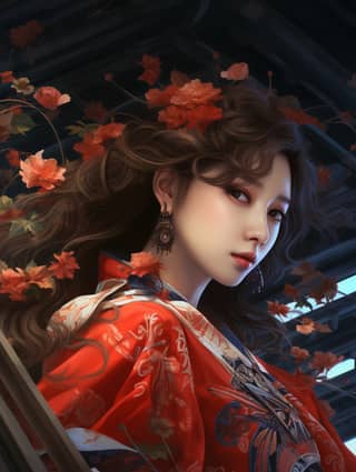 穿着紅色和服花裙的女人，在房間裏穿着長髮和和服的動漫女孩。