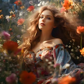 花に囲まれた女性と野原に横たわる少女。