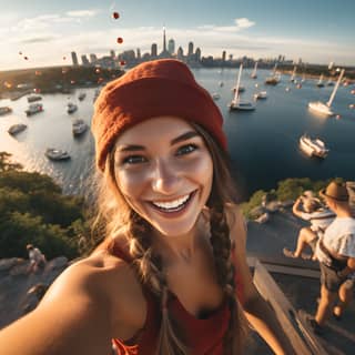 Woman taking a selfie with a city view in the background.