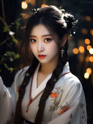 Woman in traditional clothing posing for a photo in a white kimono with a flower in her hair.