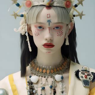 여성이 장식된 머리 장식과 보석을 착용하고 있음