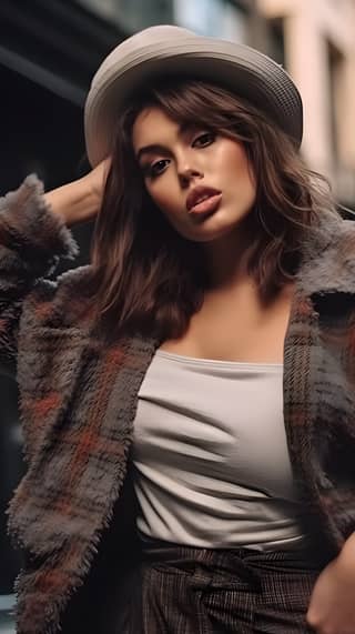 Wanita yang memakai kot berloreng dan top putih berposing untuk gambar.