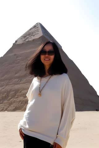 Woman wearing sunglasses and a necklace standing in front of the Great Pyramid of Giza in Egypt.