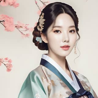 Woman wearing traditional Korean clothing and a flower in her hair.