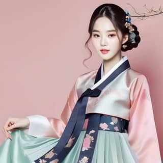 Frau, die traditionelle koreanische Kleidung in einem pinken und blauen Kleid mit einer Blume im Haar trägt.