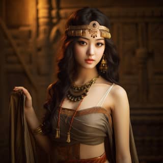 穿着傳統服裝的女人戴着頭飾和項鍊，站在深色背景前。