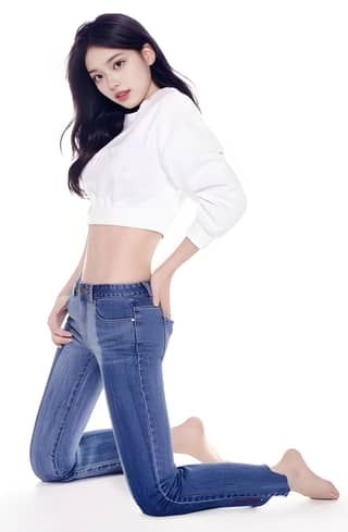 Woman in white shirt and jeans posing for a photo, new face of the brand.