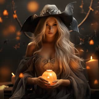 Woman in witch costume holding pumpkin for Halloween.