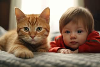 A baby and an orange cat are laying on a bed next to each other.