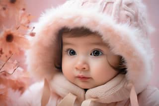 A baby girl wearing a pink coat and hat.