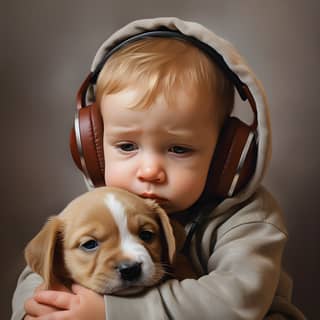 A baby holding a puppy while wearing headphones.