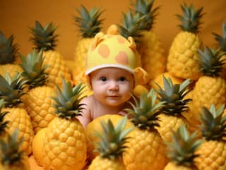 A baby wearing a hat among pineapples.