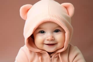 A baby wearing a pink bear hoodie and smiling.