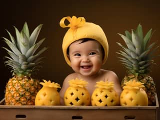 A baby in a yellow hat sits next to pineapples.