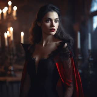 A beautiful woman in a vampire costume with a black dress and red cape posing for a picture against a dark background.