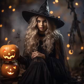 beautiful woman in a witch costume with pumpkins and a broom