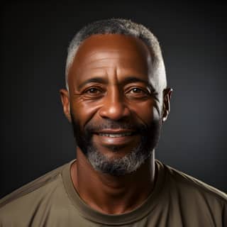 Un hombre negro con barba y bigote sonriente llevando una camisa color caqui.