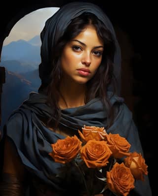 In a blue robe, she holds a bouquet of roses in her hands.