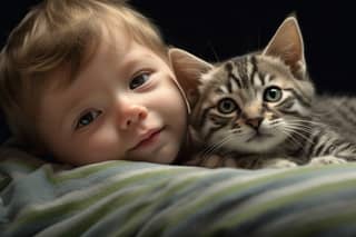 A boy and a girl laying with their cats on a bed and a blanket.