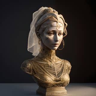 A bust wearing a veil and a gold headpiece