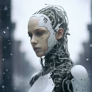 Un robot féminin avec une tête et un corps futuristes se tient dans la neige.